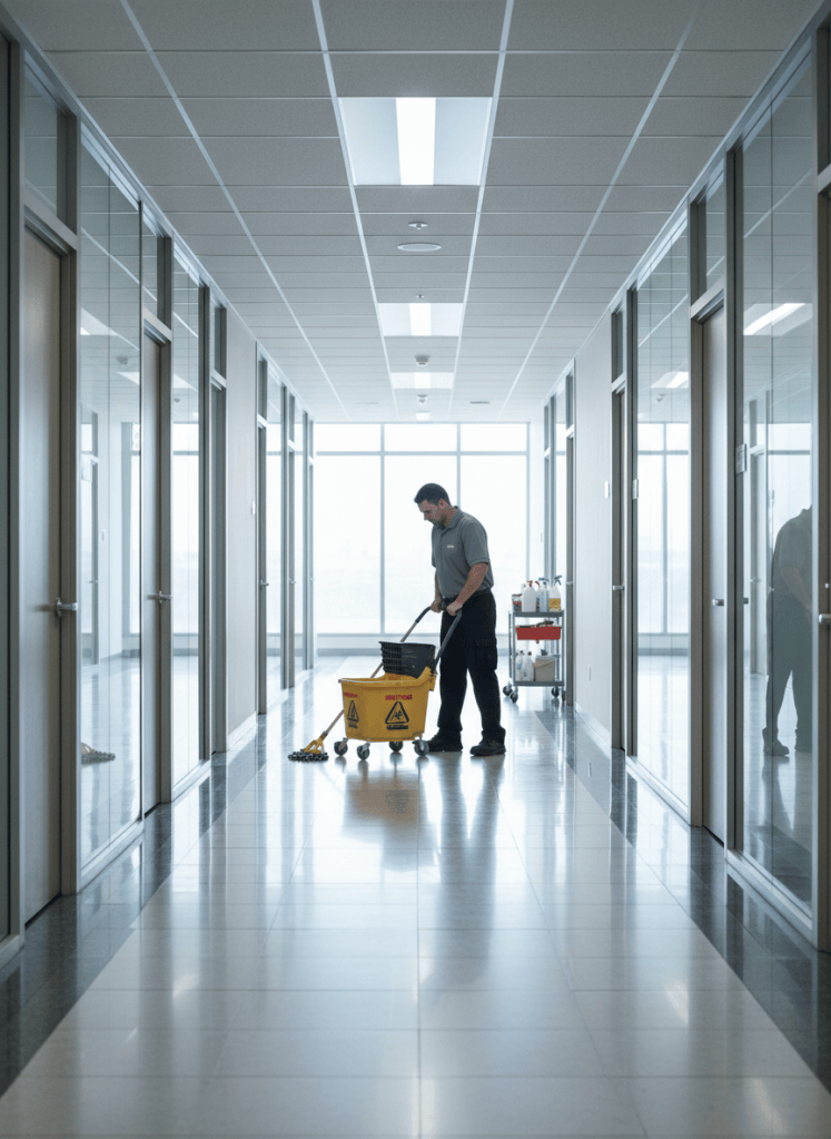 Professional janitor cleaning a large commercial building hallway, mopping floors, bright lighting, realistic photo
