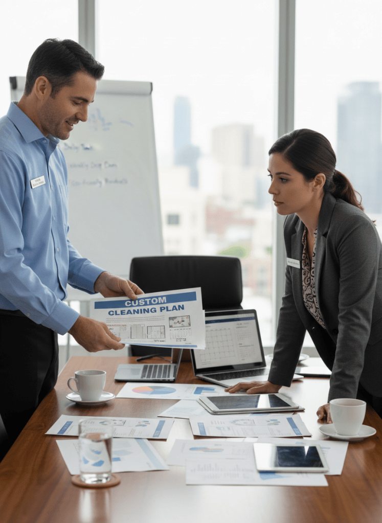Business meeting between a cleaning company manager and a facility manager reviewing a custom cleaning plan, realistic photo
