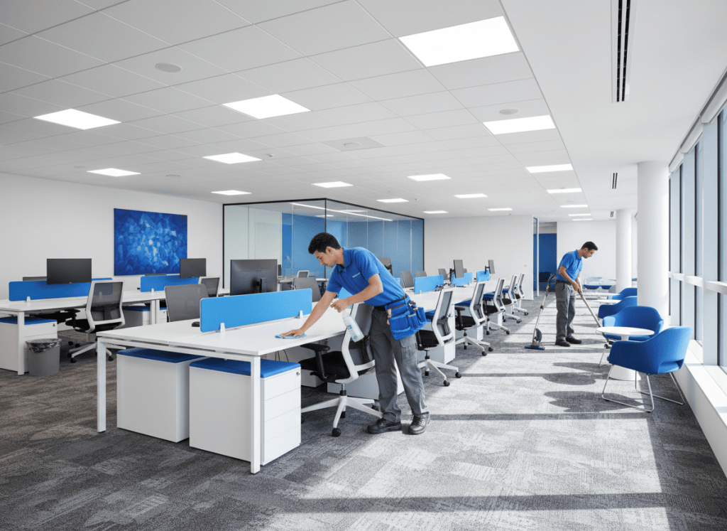 ChatGPT Image Aug 9, 2026, 12_23_56 PM Clean modern open office space being professionally cleaned, worker wiping desks, bright blue accents, cinematic realistic photo