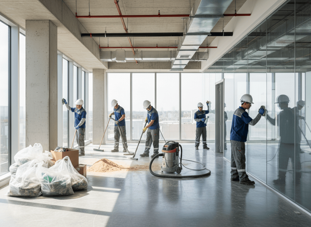 ChatGPT Image Aug 9, 2026, 12_23_56 PM Workers in hard hats and uniforms cleaning up a newly constructed building interior, removing debris and dust, professional cleanup crew