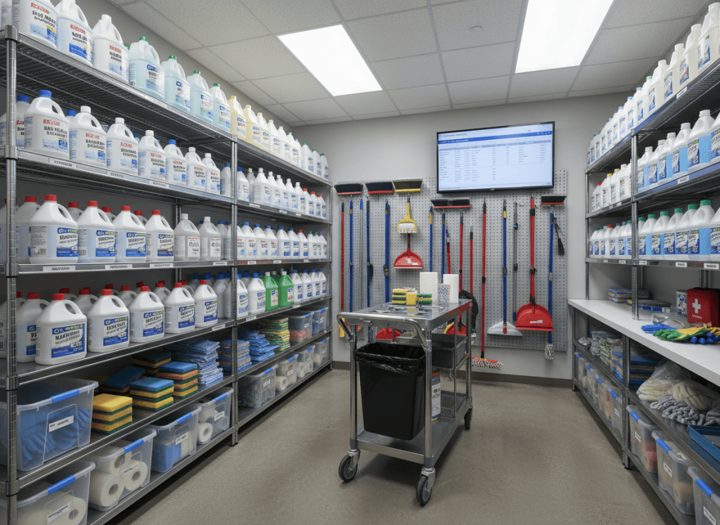 Remove top D&S logo only Organized janitorial supply room with shelves of cleaning products, mops, and equipment neatly stocked and labeled, professional facility management, photorealistic
