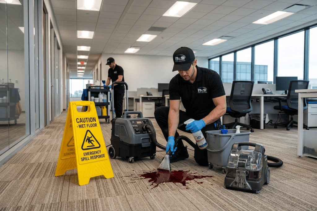 Technician using extraction tool to clean liquid spill on office carpet near caution wet floor sign