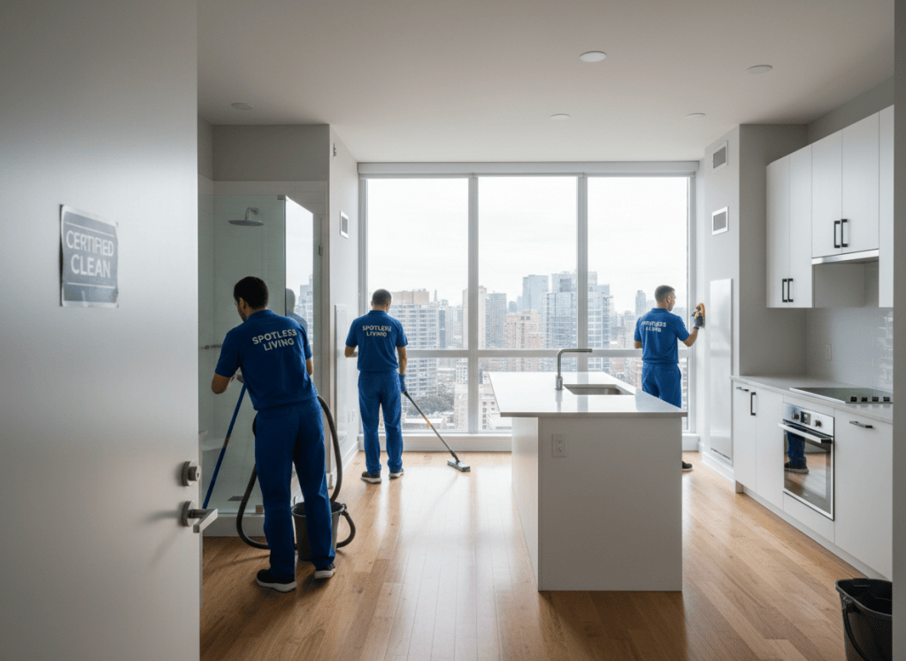 Professional cleaners doing a thorough apartment turnover cleaning, spotless empty apartment ready for new tenant, modern interior