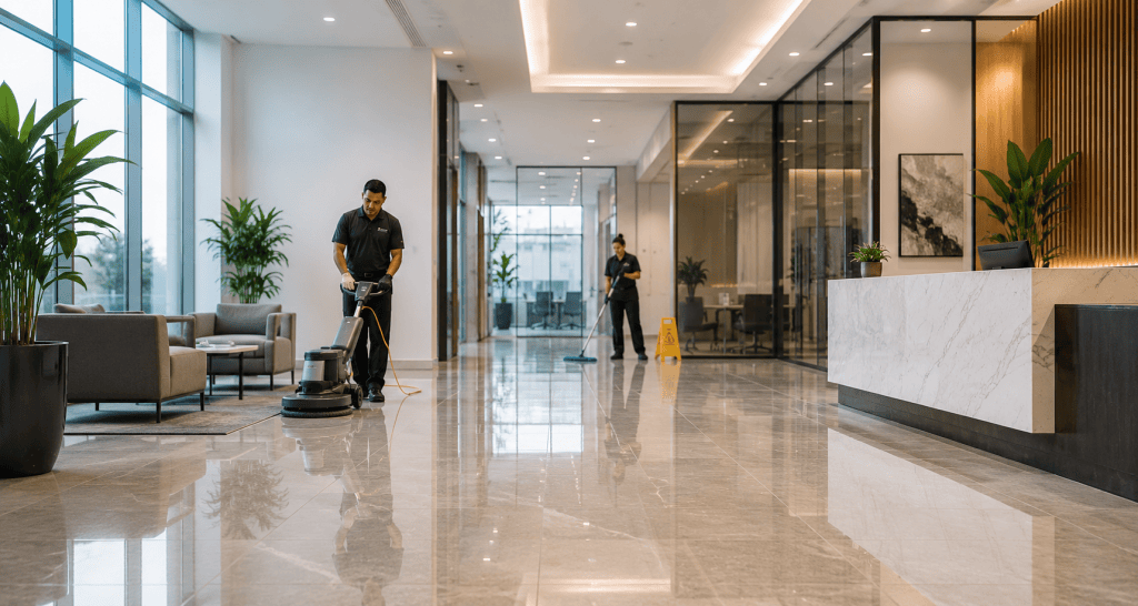 Professional commercial cleaning crew at work